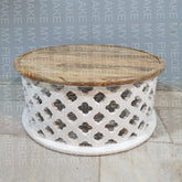TARIKA Bristol Hand Carved Floral Round Coffee Table With Natural Top